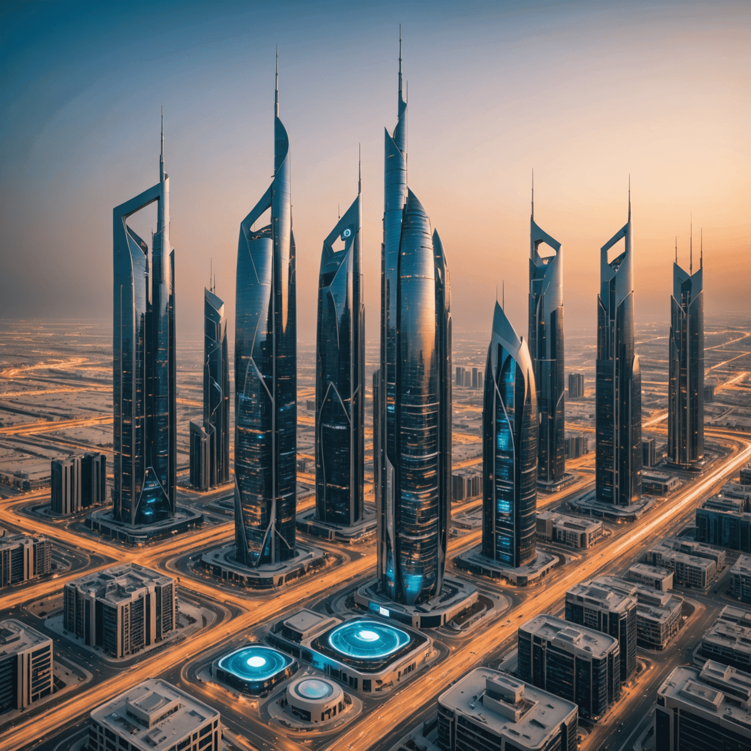 صورة توضح أبراج 5G حديثة في مدينة إماراتية مع هواتف ذكية تعرض سرعات اتصال عالية