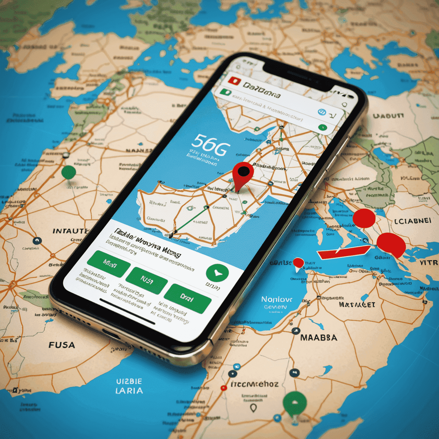 صورة توضيحية لحلول واجهة الجوال في الإمارات العربية المتحدة، تظهر هاتفًا ذكيًا يعرض تطبيقًا لإدارة البيانات مع خلفية تمثل خريطة الإمارات وشبكة الجيل الخامس