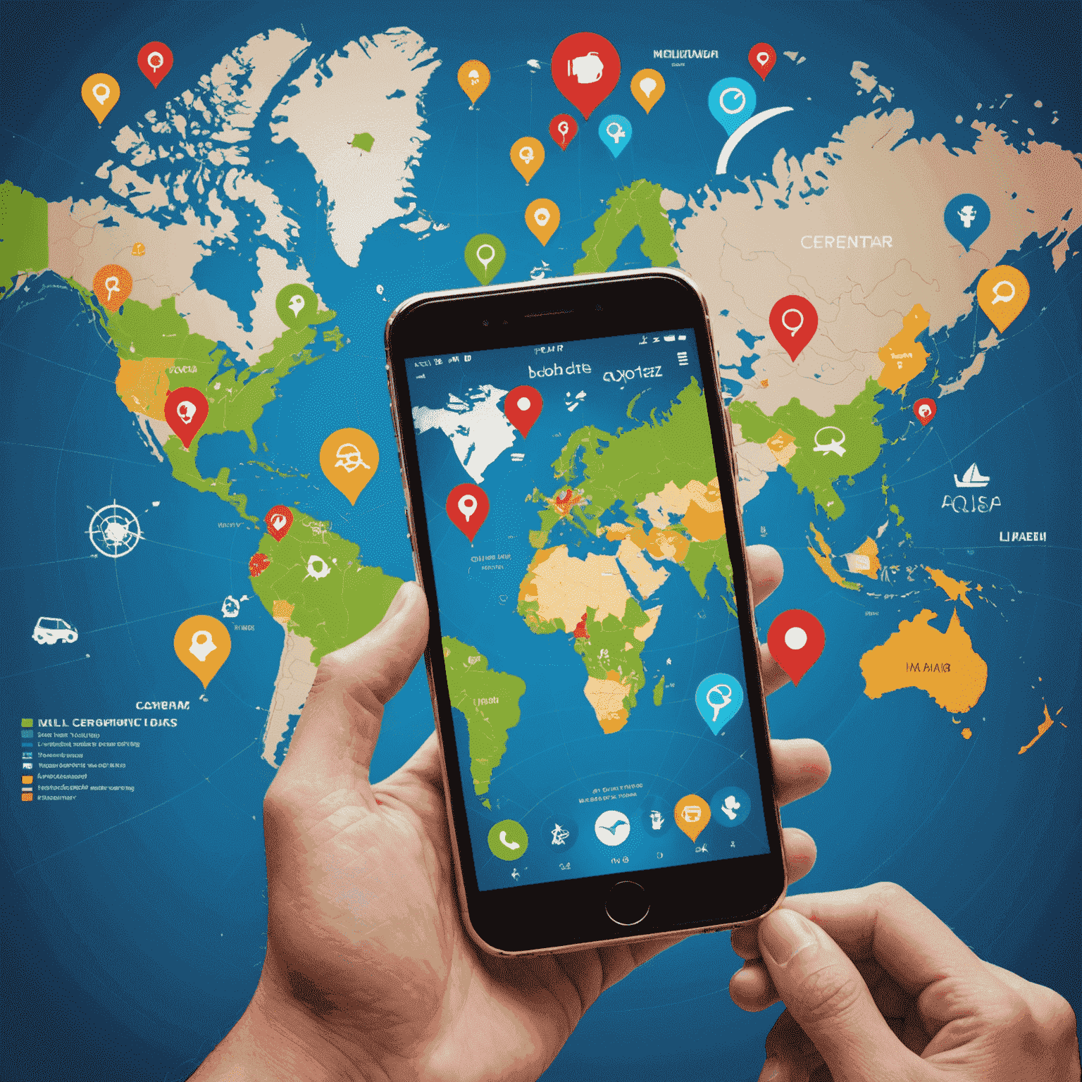 صورة توضيحية لخدمات التجوال الدولي: هاتف ذكي يعرض خريطة العالم مع رموز الاتصال في مختلف البلدان