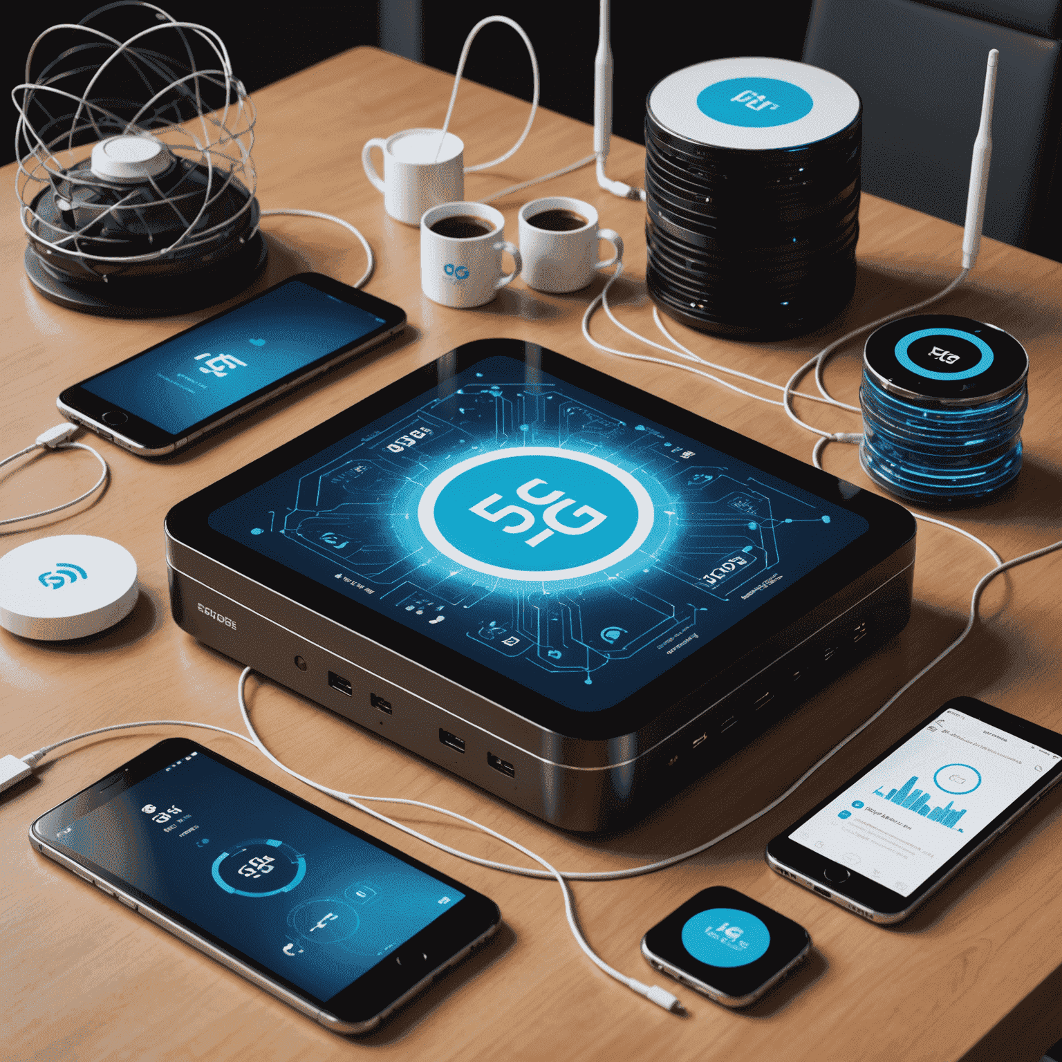 صورة توضيحية لحزمة الاتصالات المتكاملة للشركات، تظهر أجهزة متصلة بشبكة 5G مع رسوم بيانية للأداء العالي