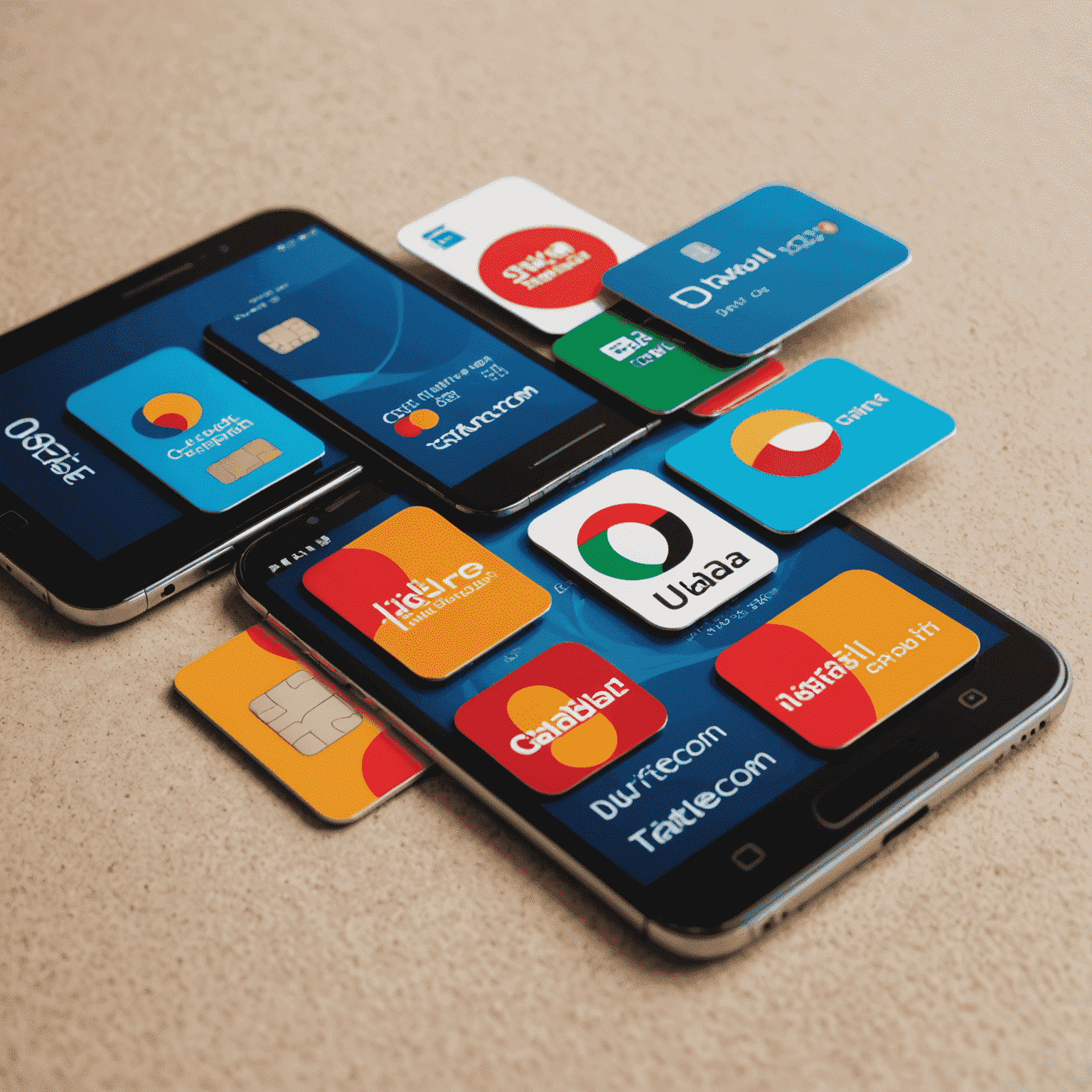 صورة لخمس بطاقات SIM مرتبة بجانب هاتف ذكي مع شعارات شركات الاتصالات الإماراتية