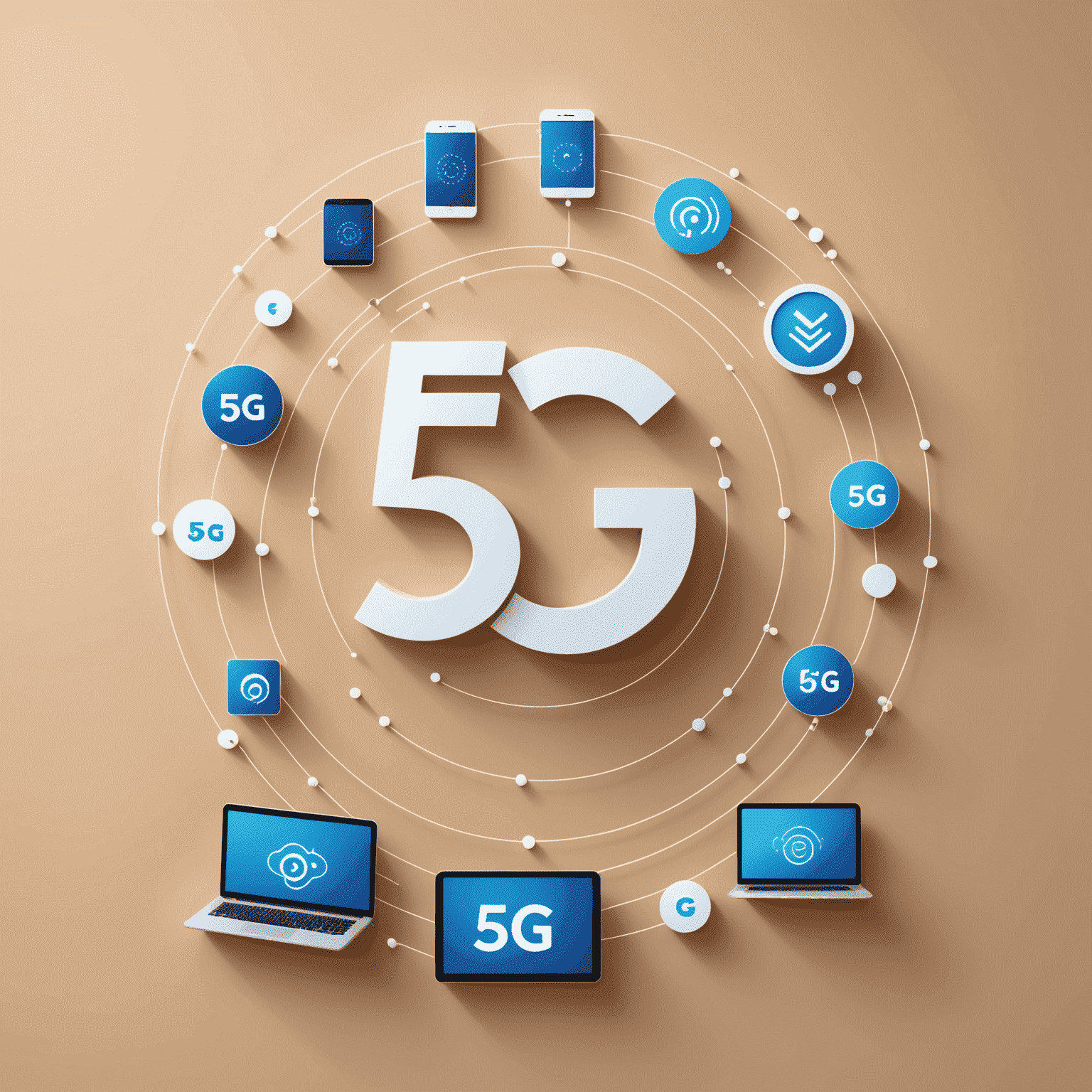 صورة توضيحية لباقات البيانات عالية السرعة مع رمز 5G وأيقونات لأجهزة متعددة