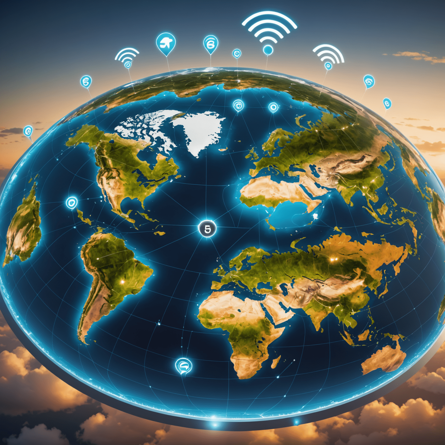 صورة توضيحية لخدمات التجوال الدولي مع رمز 5G وخريطة العالم