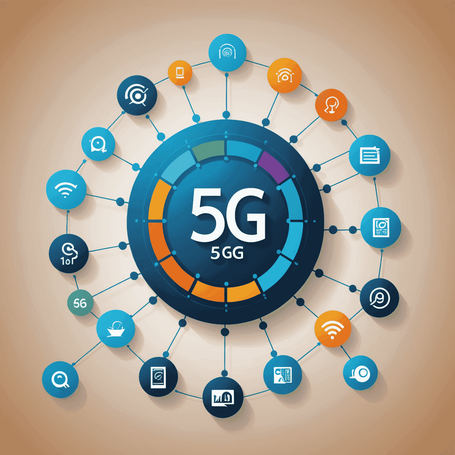 صورة توضيحية لحلول الاتصالات للشركات مع رمز 5G وأيقونات تمثل مختلف قطاعات الأعمال
